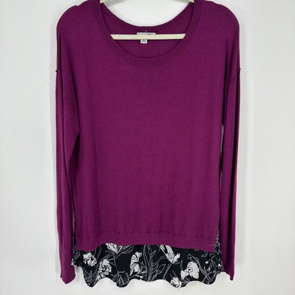3/$25 Halogen Layered Printed Button Back Sweater XL Flora 2 Fur Pullover Purple - Picture 1 of 7